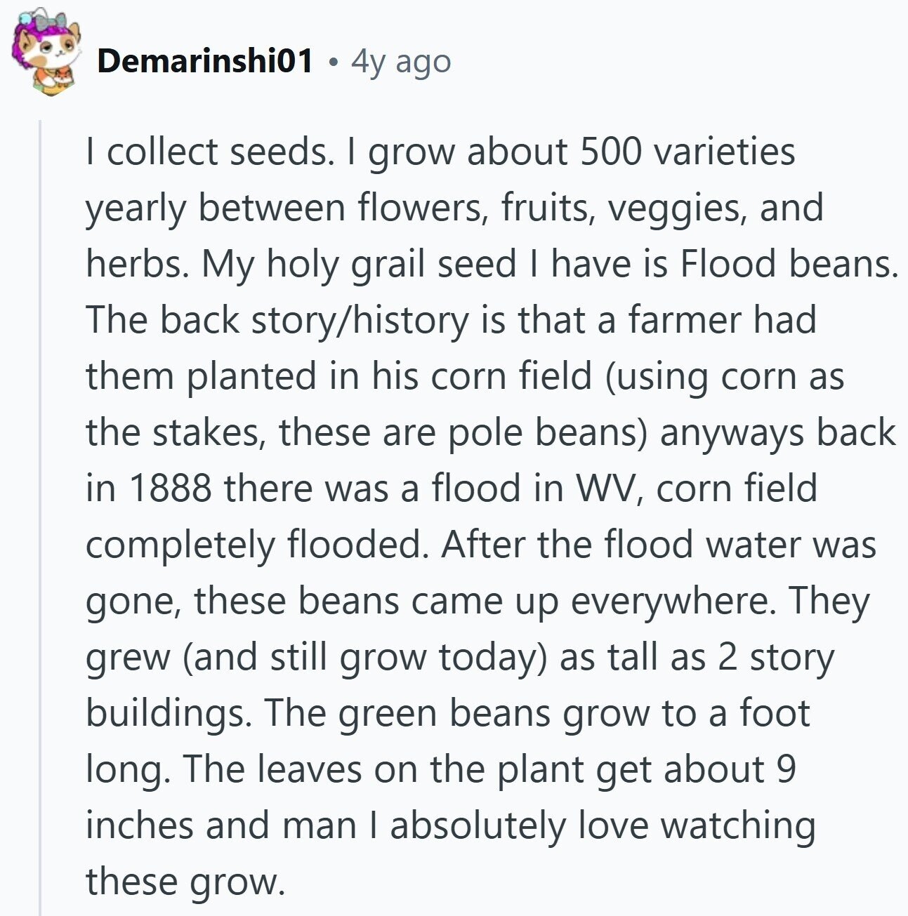 Demarinshi01 4y ago | collect seeds. I grow about 500 varieties yearly between flowers, fruits, veggies, and herbs. My holy grail seed I have is Flood beans. The back story/history is that a farmer had them planted in his corn field (using corn as the stakes, these are pole beans) anyways back in 1888 there was a flood in WV, corn field completely flooded. After the flood water was gone, these beans came up everywhere. They grew (and still grow today) as tall as 2 story buildings. The green beans grow to a foot long. The leaves on the plant