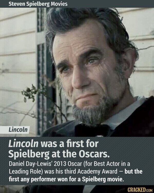 Steven Spielberg Movies Lincoln Lincoln was a first for Spielberg at the Oscars. Daniel Day-Lewis' 2013 Oscar (for Best Actor in a Leading Role) was his third Academy Award - but the first any performer won for a Spielberg movie. CRACKED.COM