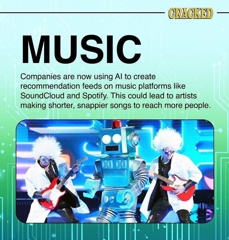 CRACKED MUSIC Companies are now using AI to create recommendation feeds on music platforms like SoundCloud and Spotify. This could lead to artists making shorter, snappier songs to reach more people.
