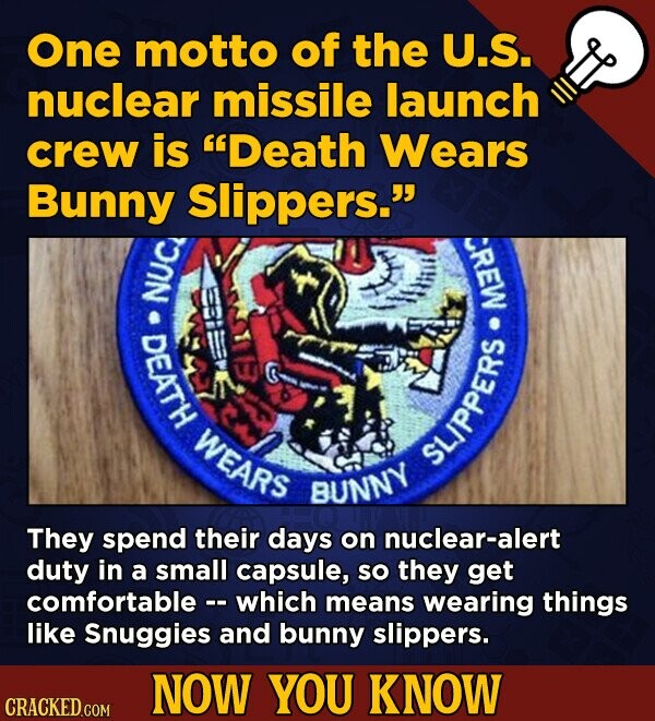 One motto of the U.S. nuclear missile launch crew is Death Wears Bunny Slippers. DEATH WEARS BUNNY They spend their days on nuclear-alert duty in a