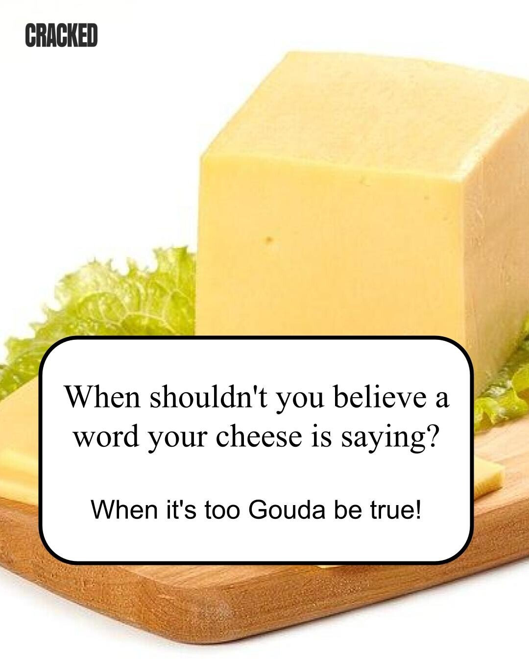 CRACKED When shouldn't you believe a word your cheese is saying? When it's too Gouda be true! 