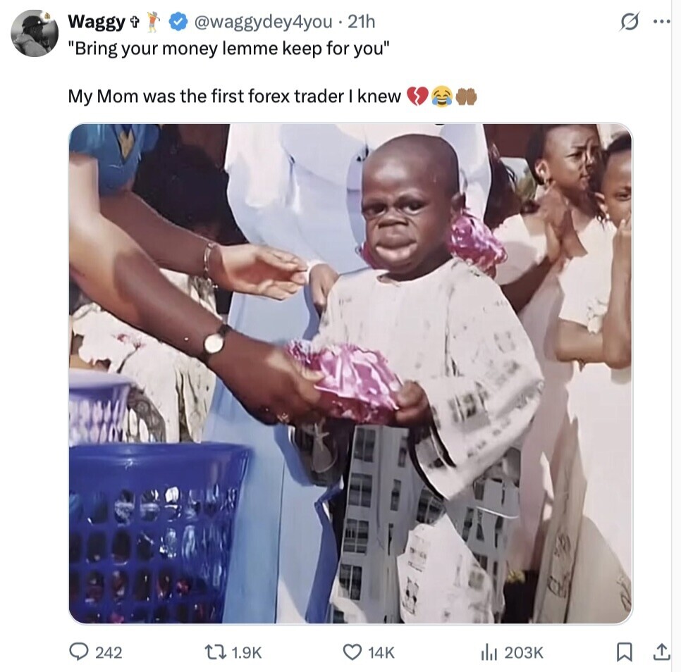 @waggydey4you 21h G ... Waggy t Bring your money lemme keep for you My Mom was the first forex trader I knew 242 1.9K 14K del 203K