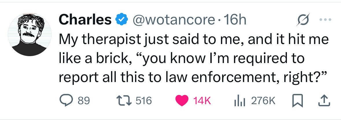 Charles @wotancore.16h My therapist just said to me, and it hit me like a brick, you know I'm required to report all this to law enforcement, right? 89 516 14K 276K 