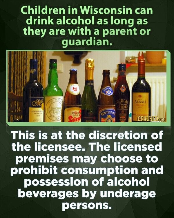 Children in Wisconsin can drink alcohol as long as they are with a parent or guardian. of WE Stire O. TH SCOTC VISA NICOLAL - ALBALI RESERVA CHERRY THE BLACERASKID KATEAU LIVE ... PUNTIGAME POK WHISKY - Stico - E CRACKED.COM MARQUES to This is at the discretion of the licensee. The licensed premises may choose to prohibit consumption and possession of alcohol beverages by underage persons.