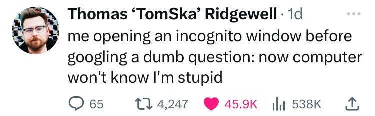 Thomas 'TomSka' Ridgewell 1d ... me opening an incognito window before googling a dumb question: now computer won't know I'm stupid 65 4,247 45.9K 538K