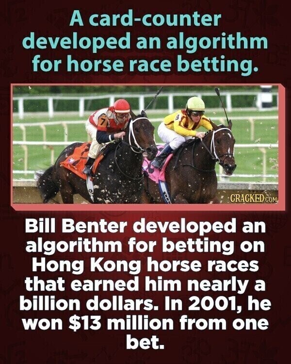 A card-counter developed an algorithm for horse race betting. B 7 CRACKED.COM Bill Benter developed an algorithm for betting on Hong Kong horse races that earned him nearly a billion dollars. In 2001, he won $13 million from one bet.