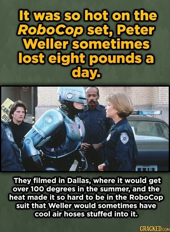 It was so hot on the RoboCop set, Peter Weller sometimes lost eight pounds a day. CAN EN OUR ROS They filmed in Dallas, where it would get over 100 degrees in the summer, and the heat made it so hard to be in the RoboCop suit that Weller would sometimes have cool air hoses stuffed into it. CRACKED.COM