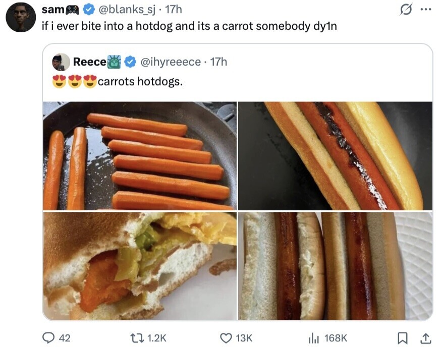 sam @blanks_sj 17h ... if i ever bite into a hotdog and its a carrot somebody dy1n Reece @ihyreeece 17h carrots hotdogs. 42 1.2K 13K 168K