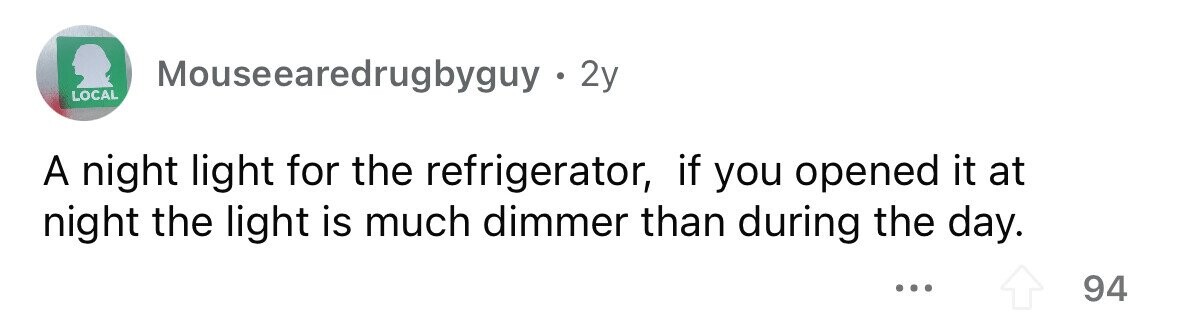 Mouseearedrugbyguy . 2 2y LOCAL A night light for the refrigerator, if you opened it at night the light is much dimmer than during the day. ... 94 