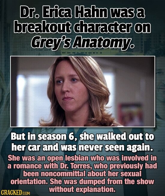 Dr. Erica Hahn was a breakout character on Grey's Anatomy. But in season 6, she walked out to her car and was never seen again. DE W She was an open lesbian who was involved in a romance with Dr. Torres, who previously had been noncommittal about her sexual orientation. She was dumped from the show without explanation. CRACKED.COM