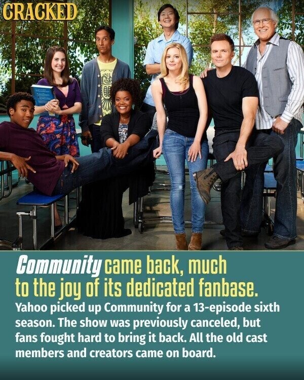 CRACKED Community came back, much to the joy of its dedicated fanbase. Yahoo picked up Community for a 13-episode sixth season. The show was previously canceled, but fans fought hard to bring it back. All the old cast members and creators came on board.