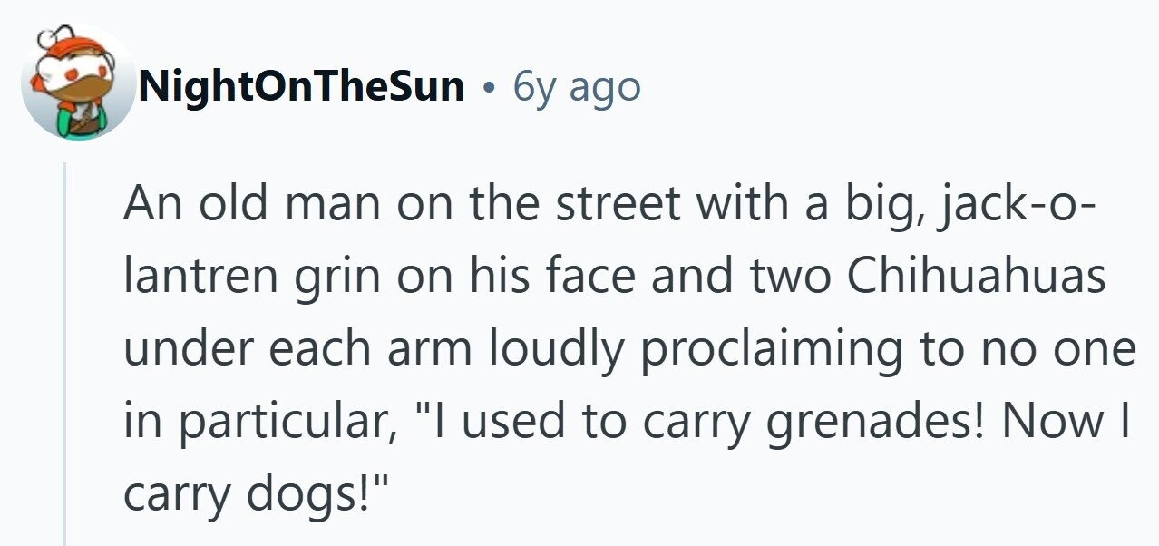 NightOnTheSun . 6y ago An old man on the street with a big, jack-o- lantren grin on his face and two Chihuahuas under each arm loudly proclaiming to no one in particular, I used to carry grenades! Now I carry dogs!