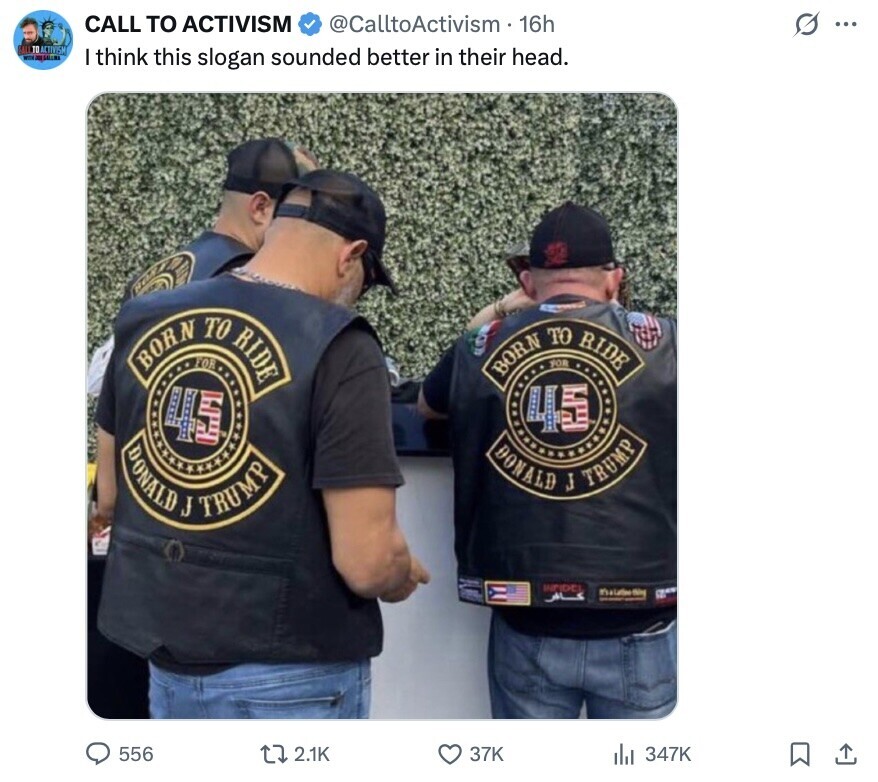 CALL TO ACTIVISM @CalltoActivism 16h s ... BALL TO ACTIVISM THE : I think this slogan sounded better in their head. BORN FOR TO RIDE BORN TO FOR RIDE 45 DONALD J TRUMP DONALD J TRUMP WEIDEL thatative dog كافر 556 2.1K 37K 347K 