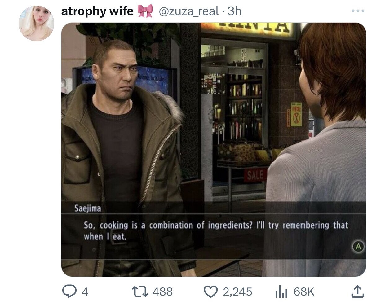 atrophy wife @zuza_real 3h ... TA Relcun - ... MT I SALE Saejima So, cooking is a combination of ingredients? I'll try remembering that when I eat. A 4 488 2,245 68K