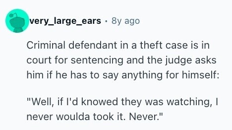 very_large_ears . 8y ago Criminal defendant in a theft case is in court for sentencing and the judge asks him if he has to say anything for himself: Well, if I'd knowed they was watching, I never woulda took it. Never. 
