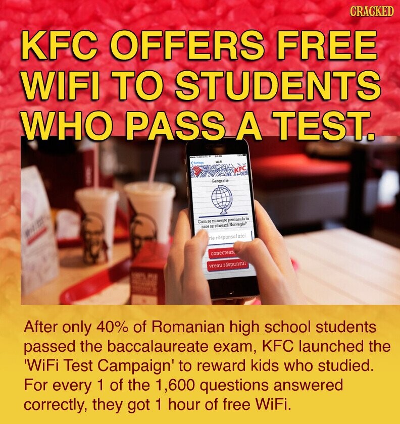 CRACKED KFC OFFERS FREE WIFI TO STUDENTS WHO PASS A TEST. Settings Wi-Fi KFC Geografie Cum se numeste peninsula in care se situearl Norvegia? Writ or rie räspunsul aici conecteaz vreau raspunsul After only 40% of Romanian high school students passed the baccalaureate exam, KFC launched the 'WiFi Test Campaign' to reward kids who studied. For every 1 of the 1,600 questions answered correctly, they got 1 hour of free WiFi.