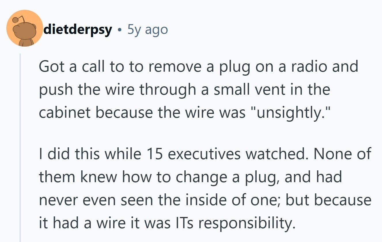 dietderpsy 5y ago Got a call to to remove a plug on a radio and push the wire through a small vent in the cabinet because the wire was unsightly. | did this while 15 executives watched. None of them knew how to change a plug, and had never even seen the inside of one; but because it had a wire it was ITs responsibility. 