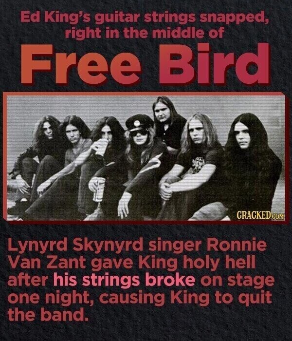 Ed King's guitar strings snapped, right in the middle of Free Bird CRACKED.COM Lynyrd Skynyrd singer Ronnie Van Zant gave King holy hell after his strings broke on stage one night, causing King to quit the band.