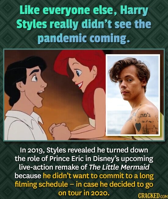 Like everyone else, Harry Styles really didn't see the pandemic coming. an'a In 2019, Styles revealed he turned down the role of Prince Eric in Disney