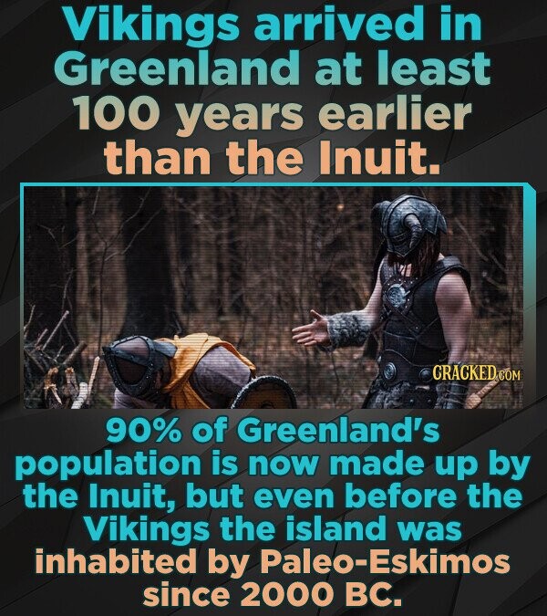Vikings arrived in Greenland at least 100 years earlier than the Inuit. CRACKED COM 90% of Greenland's population is now made up by the Inuit, but even before the Vikings the island was inhabited by Paleo-Eskimos since 2000 ВС.