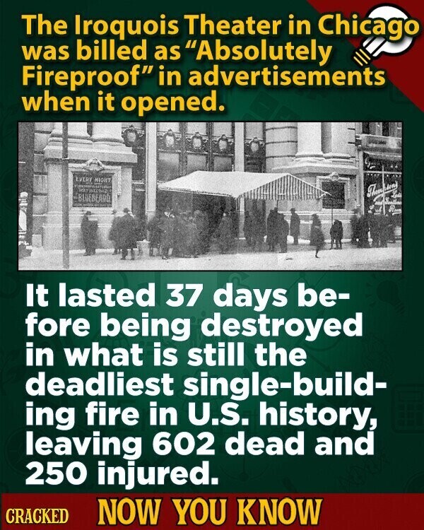 The Iroquois Theater in Chicago was billed as Absolutely Fireproof in advertisements when it opened. EVERY MIGHT - BLUEBEARD It lasted 37 days be- fore being destroyed in what is still the deadliest single-build- ing fire in U.S. history, leaving 602 dead and 250 injured. CRACKED NOW YOU KNOW