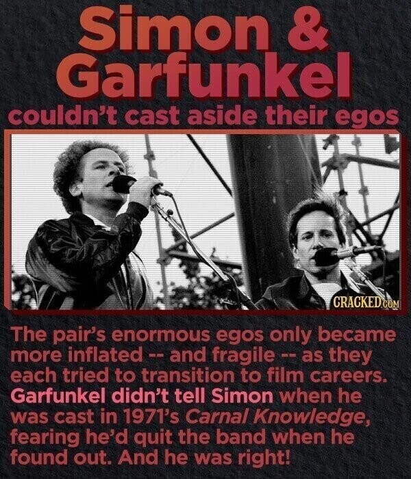 Simon & Garfunkel couldn't cast aside their egos CRACKED.COM The pair's enormous egos only became more inflated - a and fragile - as they each tried to transition to film careers. Garfunkel didn't tell Simon when he was cast in 1971's Carnal Knowledge, fearing he'd quit the band when he found out. And he was right!