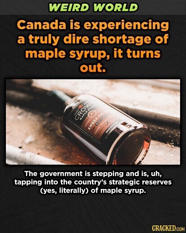 WEIRD WORLD Canada is experiencing a truly dire shortage of maple syrup, it turns out. FOLEST CROWN MAPLE SYRUP HIGHTASTE .... GRASE AMBER COLD E ٠٥٦/١٠٠ The government is stepping and is, uh, tapping into the country's strategic reserves (yes, literally) of maple syrup. CRACKED.COM