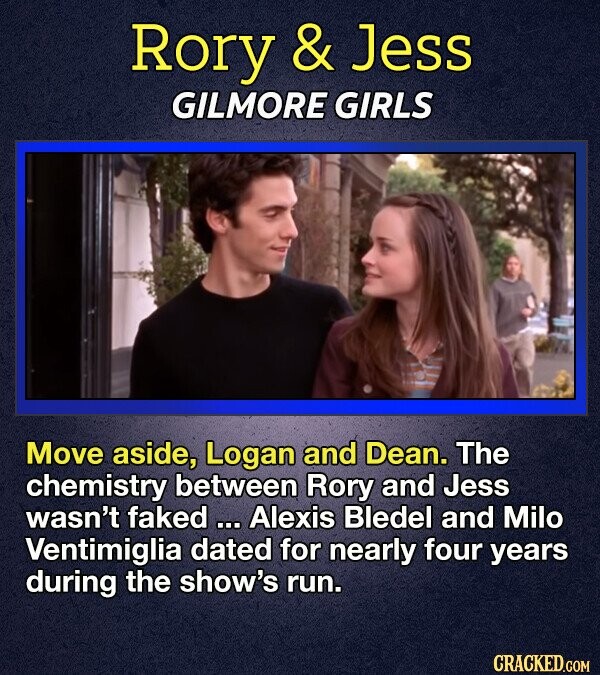 Rory & Jess GILMORE GIRLS Move aside, Logan and Dean. The chemistry between Rory and Jess wasn't faked ... Alexis Bledel and Milo Ventimiglia dated for nearly four years during the show's run. CRACKED.COM