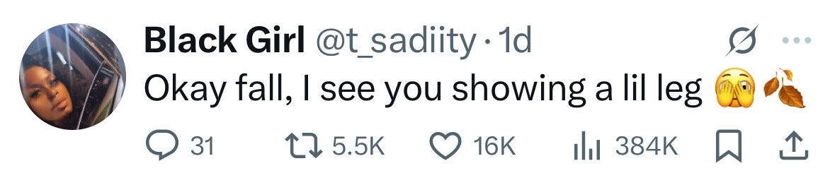 Black Girl @t_sadiity.1 1d Okay fall, I see you showing a lil leg 31 5.5K 16K del 384K 