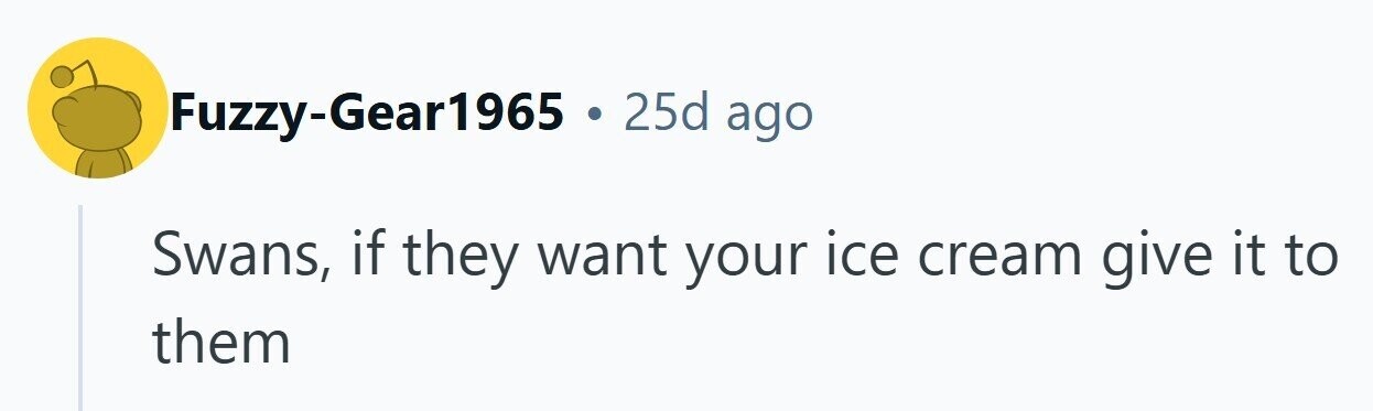 Fuzzy-Gear1965 25d ago Swans, if they want your ice cream give it to them 