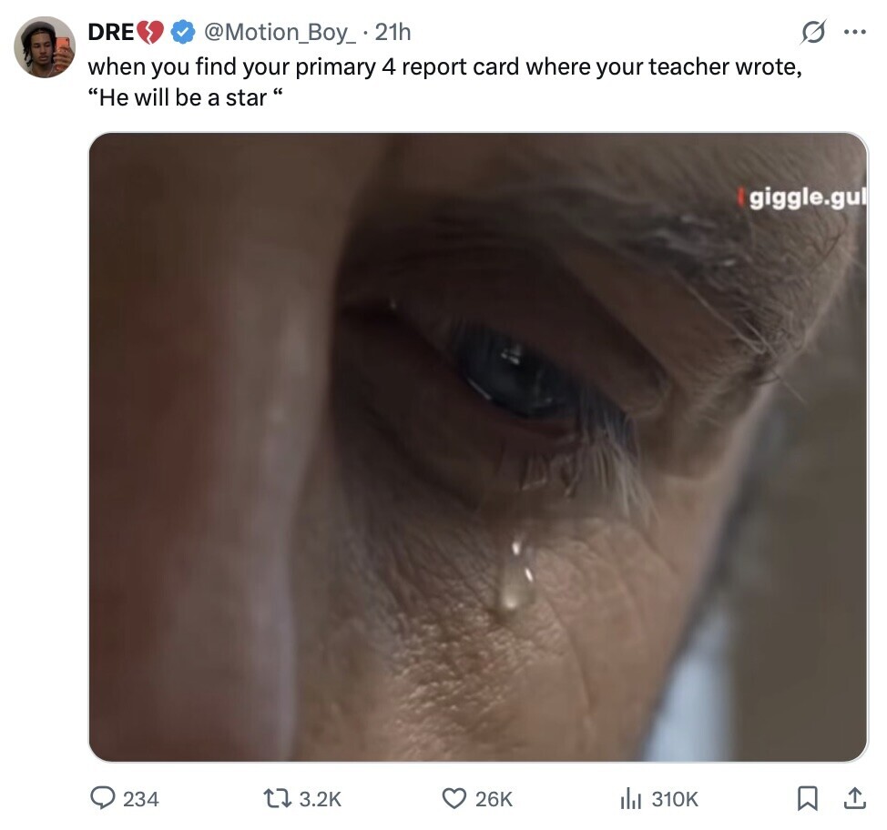 DRE s ... @Motion_Boy_ 21h when you find your primary 4 report card where your teacher wrote, He will be a star giggle.gul 234 3.2K 26K del 310K