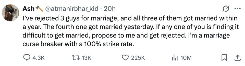 Ash @atmanirbhar_kid 20h ... I've rejected 3 guys for marriage, and all three of them got married within a year. The fourth one got married yesterday. If any one of you is finding it difficult to get married, propose to me and get rejected. I'm a marriage curse breaker with a 100% strike rate. 4.3K 13K 225K del 10M 