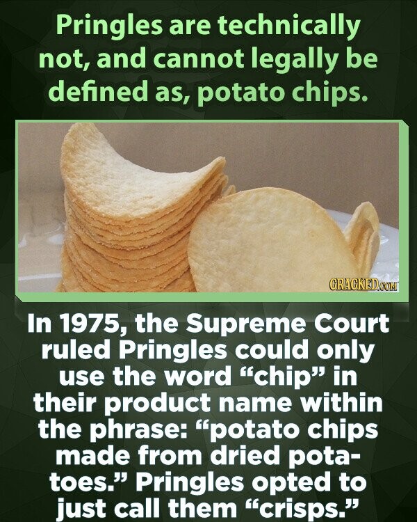Pringles are technically not, and cannot legally be defined as, potato chips. CRACKED.COM In 1975, the Supreme Court ruled Pringles could only use the word chip in their product name within the phrase: potato chips made from dried pota- toes. Pringles opted to just call them crisps.