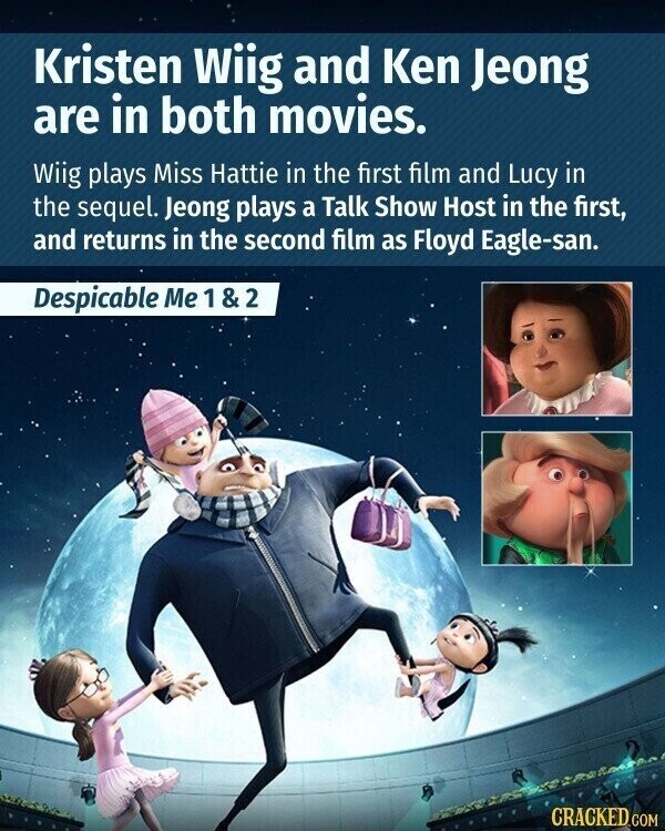 Kristen Wiig and Ken Jeong are in both movies. Wiig plays Miss Hattie in the first film and Lucy in the sequel. Jeong plays a Talk Show Host in the first, and returns in the second film as Floyd Eagle-san. Despicable Me 1&2 CRACKED.COM