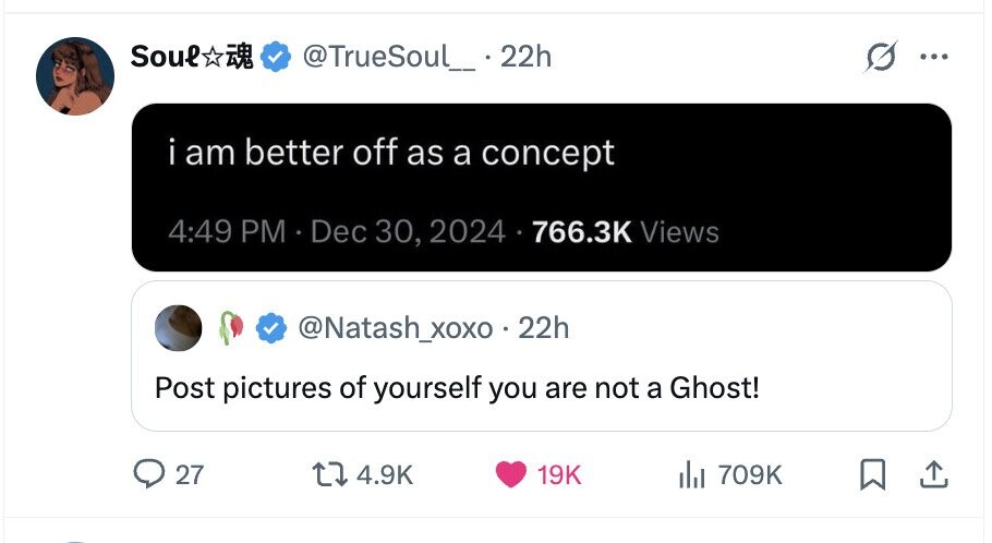 Soul @TrueSoul_ 22h ... i i am better off as a concept 4:49 PM Dec 30, 2024 766.3K Views @Natash_xoxo 22h Post pictures of yourself you are not a Ghost! 27 4.9K 19K del 709K