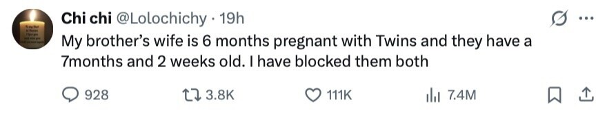 Chi chi @Lolochichy 19h ... . IN - . - The - - - - не de - - My brother's wife is 6 months pregnant with Twins and they have a 7months and 2 weeks old. I have blocked them both 928 3.8K 111K del 7.4M 