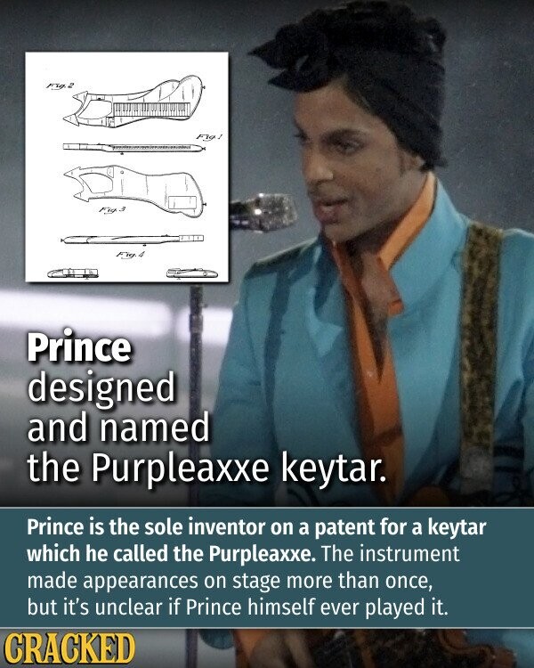 Fig.2 Fig. Fig د. Fig 4 Prince designed and named the Purpleaxxe keytar. Prince is the sole inventor on a patent for a keytar which he called the Purpleaxxe. The instrument made appearances on stage more than once, but it's unclear if Prince himself ever played it. CRACKED