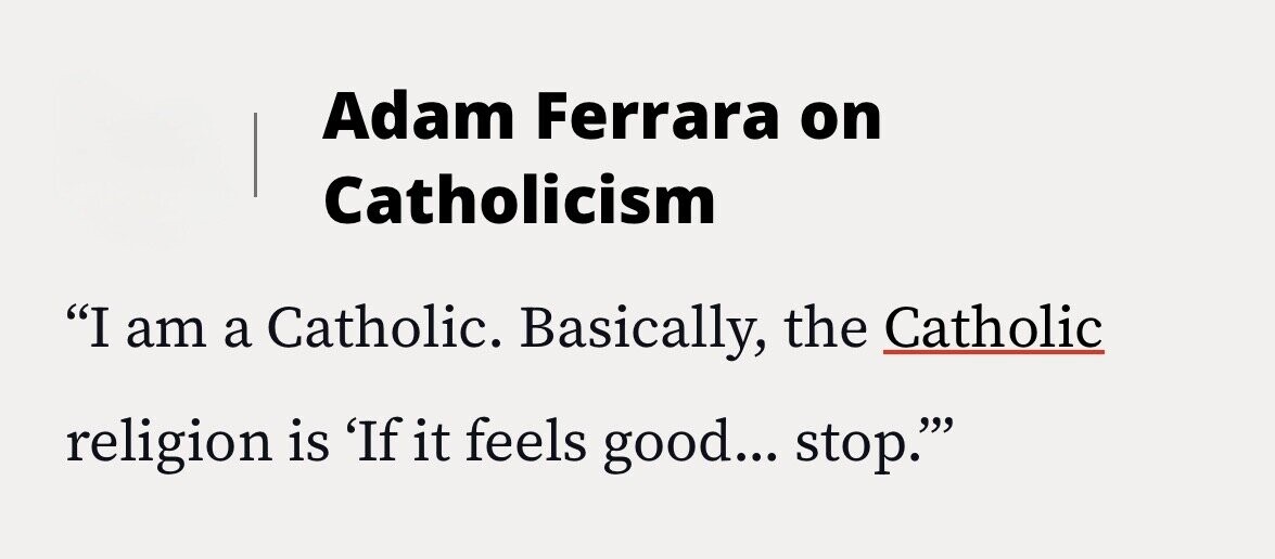 Adam Ferrara on Catholicism I am a Catholic. Basically, the Catholic religion is 'If it feels good... stop.'''