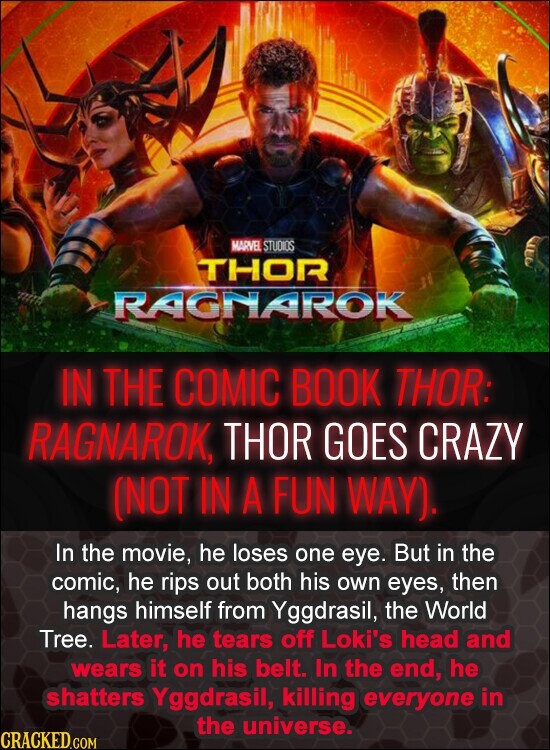 MARVEL STUDIOS THOR RAGNAROK IN THE COMIC BOOK THOR: RAGNAROK, THOR GOES CRAZY (NOT IN A FUN WAY). In the movie, he loses one eye. But in the comic, he rips out both his own eyes, then hangs himself from Yggdrasil, the World Tree. Later, he tears off Loki's head and wears it on his belt. In the end, he shatters Yggdrasil, killing everyone in the universe. CRACKED.COM