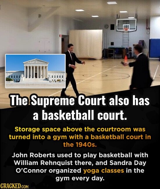 The Supreme Court also has a basketball court. Storage space above the courtroom was turned into a gym with a basketball court in the 1940s. John Roberts used to play basketball with William Rehnquist there, and Sandra Day O'Connor organized yoga classes in the gym every day. CRACKED.COM