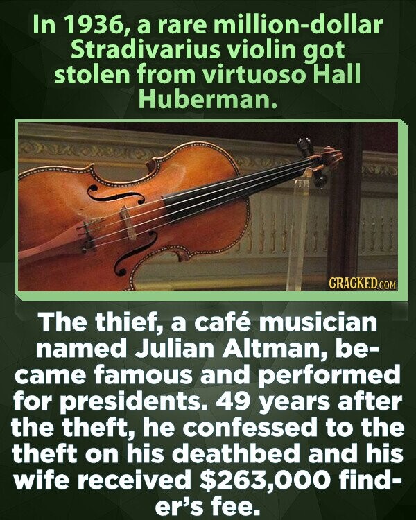 In 1936, a rare million-dollar Stradivarius violin got stolen from virtuoso Hall Huberman. CRACKED.COM The thief, a café musician named Julian Altman, be- came famous and performed for presidents. 49 years after the theft, he confessed to the theft on his deathbed and his wife received $263,000 find- er's fee.