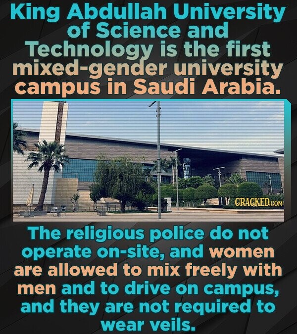 King Abdullah University of Science and Technology is the first mixed-gender university campus in Saudi Arabia. GRACKED.COM- The religious police do not operate on-site, and women are allowed to mix freely with men and to drive on campus, and they are not required to wear veils.