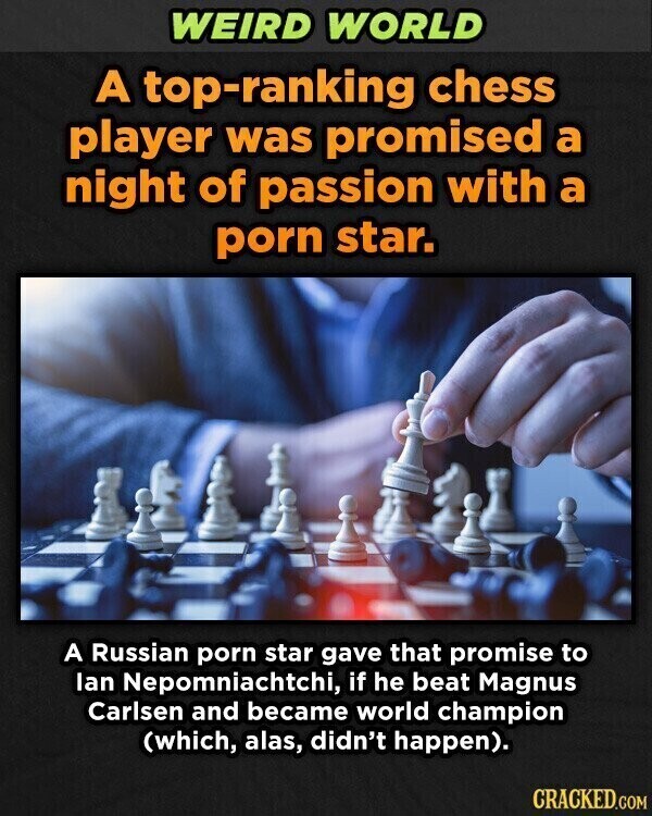 WEIRD WORLD A top-ranking chess player was promised a night of passion with a porn star. A Russian porn star gave that promise to lan Nepomniachtchi, if he beat Magnus Carlsen and became world champion (which, alas, didn't happen). CRACKED.COM