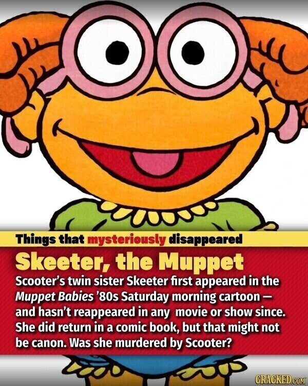 Things that mysteriously disappeared Skeeter, the Muppet Scooter's twin sister Skeeter first appeared in the Muppet Babies '80s Saturday morning cartoon- and hasn't reappeared in any movie or show since. She did return in a comic book, but that might not be canon. Was she murdered by Scooter? CRACKED.COM