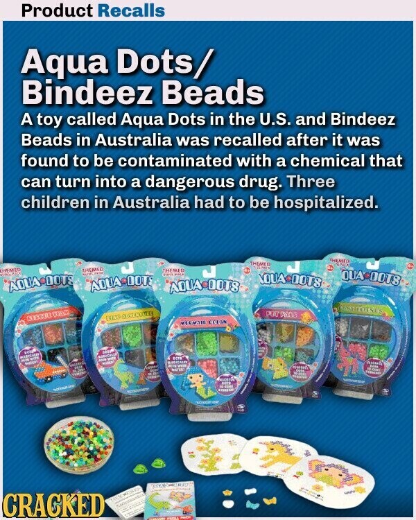 Product Recalls Aqua Dots/ Bindeez Beads A toy called Aqua Dots in the U.S. and Bindeez Beads in Australia was recalled after it was found to be contaminated with a chemical that can turn into a dangerous drug. Three children in Australia had to be hospitalized. THEMED THEMEO NEW NINE CHEMED AHEMID THEMED FIRST POLI QUA DOTS OUA OOTS AQUA DOTS AQUA DOT: AQUA OOTS PACK POOT FAES GING PERMATE CCIAN adidas I I J : I MADICARES MARICALLE ECTE NO LATE - WATE MATERY MAZER Bots KIN WITH I CRAX I I - Class SUIT - DE MEDICAL -