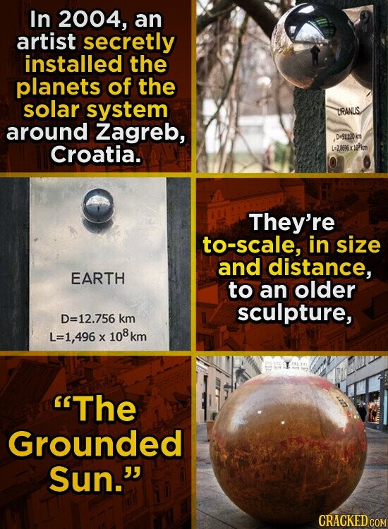 In 2004, an artist secretly installed the planets of the solar system URANUS around Zagreb, ,D=51.220 in L=2,8696 I 100km Croatia. They're to-scale, in size and distance, EARTH to an older D=12.756 km sculpture, L=1,496 x 108km The Grounded Sun. CRACKED.COM