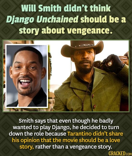 Will Smith didn't think Django Unchained should be a story about vengeance. 08000 Smith says that even though he badly wanted to play Django, he decid