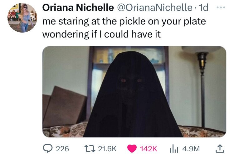 Oriana Nichelle @OrianaNichelle. 1d ... me staring at the pickle on your plate wondering if I could have it 226 21.6K 142K 4.9M
