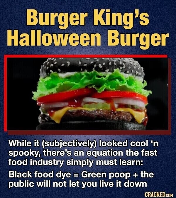 Burger King's Halloween Burger While it (subjectively) looked cool 'n spooky, there's an equation the fast food industry simply must learn: Black food dye = Green poop + the public will not let you live it down CRACKED.COM