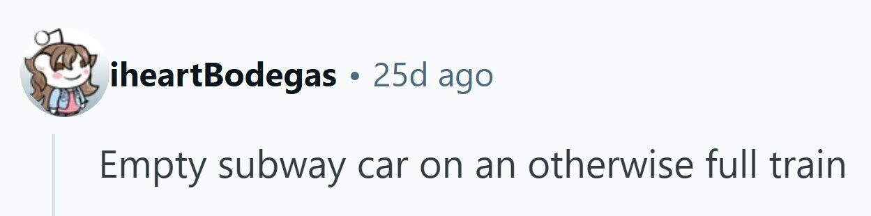 iheartBodegas . 25d ago Empty subway car on an otherwise full train 